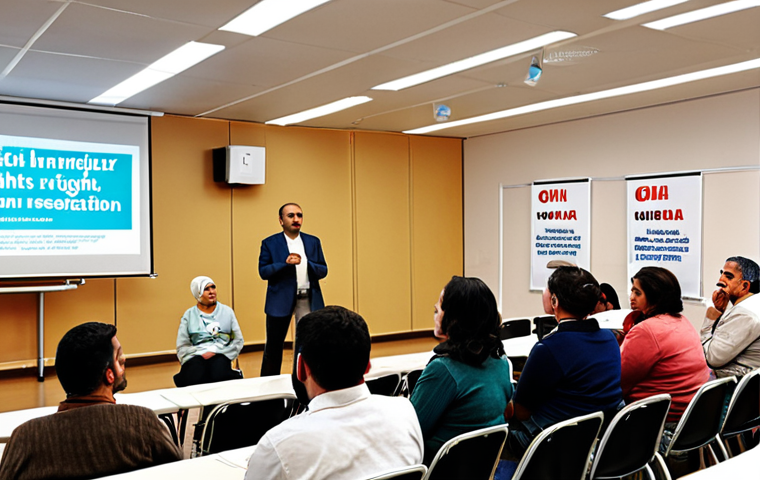 **Image of a consumer rights seminar:** A brightly lit community center room. Diverse group of adults listening attentively to a speaker at the front. Banner in the background reads "Tüketici Hakları Derneği" (Consumer Rights Association). A table with brochures and information on consumer rights. The overall feel should be informative and empowering.