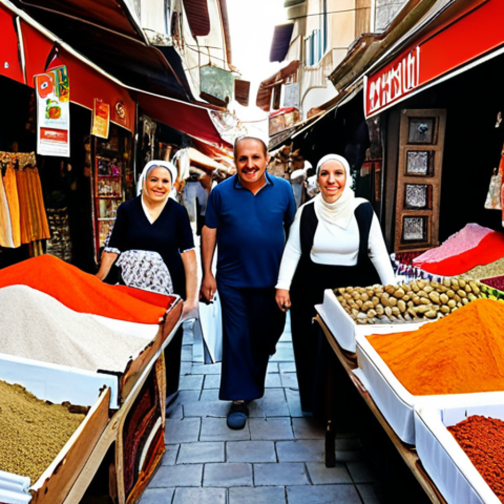 ** A Turkish family happily shopping at a bustling local bazaar, haggling for prices with friendly vendors surrounded by colorful textiles, spices, and fresh produce.

**