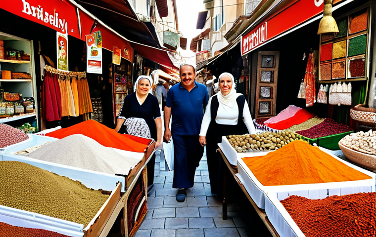 ** A Turkish family happily shopping at a bustling local bazaar, haggling for prices with friendly vendors surrounded by colorful textiles, spices, and fresh produce.
**