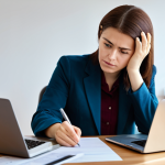 A focused professional woman in a modest business casual outfit, sitting at a clean desk in a modern, brightly lit home office. She is looking at a laptop screen which displays an online shopping website with a problematic order status (e.g., "delivered" but the image shows a clearly incorrect item from an open package next to the laptop). Her expression is thoughtful and slightly determined, indicating she is seeking a solution. The desk is tidy with a few papers and a pen, symbolizing consumer rights documentation. The background is a blurred, tasteful living space. The lighting is soft and natural. perfect anatomy, correct proportions, natural pose, well-formed hands, proper finger count, natural body proportions, safe for work, appropriate content, fully clothed, professional, modest, family-friendly, high-quality, professional photography.
