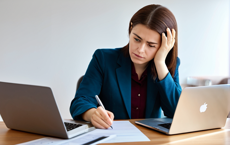 A focused professional woman in a modest business casual outfit, sitting at a clean desk in a modern, brightly lit home office. She is looking at a laptop screen which displays an online shopping website with a problematic order status (e.g., "delivered" but the image shows a clearly incorrect item from an open package next to the laptop). Her expression is thoughtful and slightly determined, indicating she is seeking a solution. The desk is tidy with a few papers and a pen, symbolizing consumer rights documentation. The background is a blurred, tasteful living space. The lighting is soft and natural. perfect anatomy, correct proportions, natural pose, well-formed hands, proper finger count, natural body proportions, safe for work, appropriate content, fully clothed, professional, modest, family-friendly, high-quality, professional photography.
