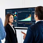 A diverse group of professional business people, male and female, in a modern, bright data analytics center. They are gathered around a large interactive screen displaying complex customer feedback data visualizations and market trends. One woman in professional business attire is pointing at a graph while others are thoughtfully observing. The atmosphere is collaborative and focused. Professional photography, high resolution, detailed, perfect anatomy, correct proportions, natural pose, well-formed hands, proper finger count, natural body proportions, safe for work, appropriate content, fully clothed, family-friendly.