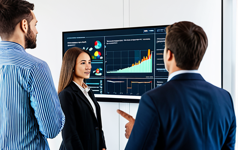 A diverse group of professional business people, male and female, in a modern, bright data analytics center. They are gathered around a large interactive screen displaying complex customer feedback data visualizations and market trends. One woman in professional business attire is pointing at a graph while others are thoughtfully observing. The atmosphere is collaborative and focused. Professional photography, high resolution, detailed, perfect anatomy, correct proportions, natural pose, well-formed hands, proper finger count, natural body proportions, safe for work, appropriate content, fully clothed, family-friendly.