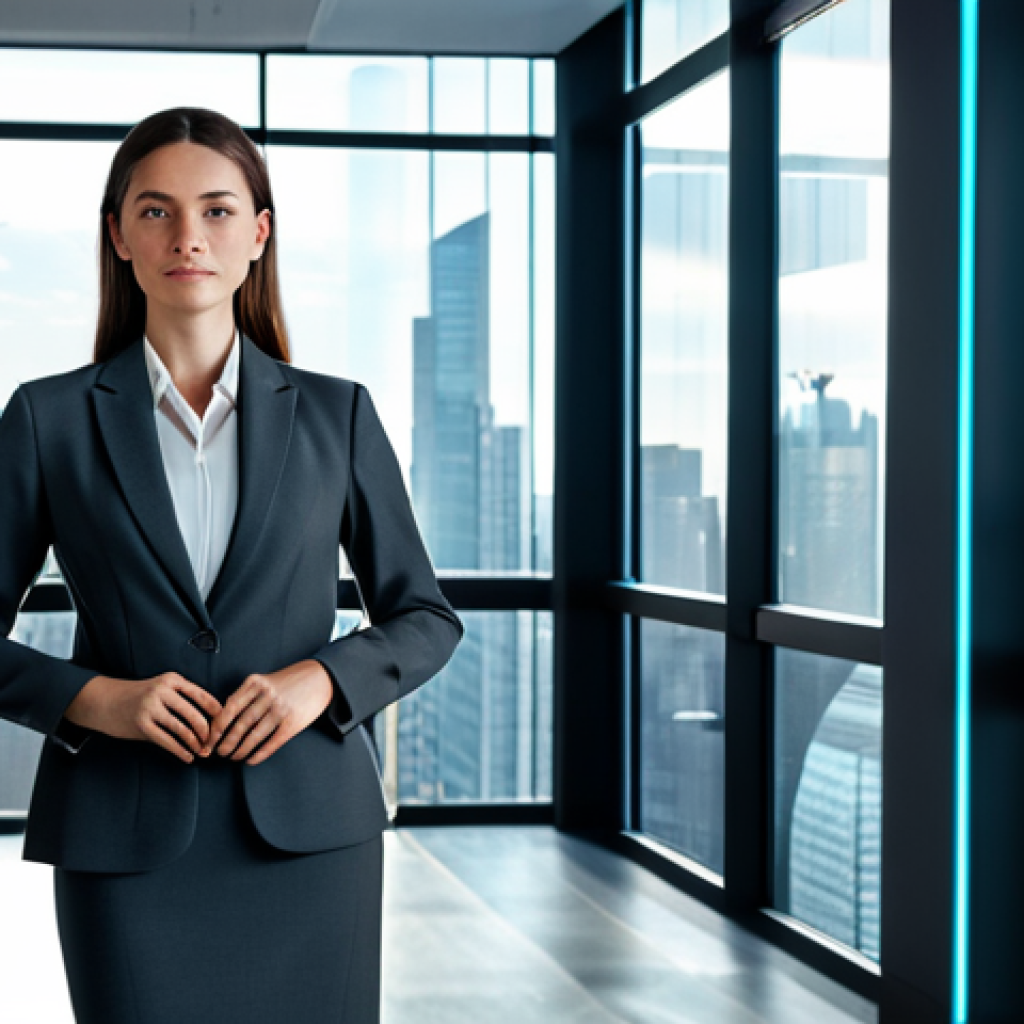 A highly focused female professional, elegantly dressed in a crisp, modest business suit in charcoal gray with a light-colored blouse, fully clothed, appropriate attire, professional dress. She stands in a futuristic, modern office with floor-to-ceiling windows overlooking a city skyline. The desk in front of her features a holographic interface projecting vibrant, complex data visualizations, charts, and flowing information streams. AI neural networks are subtly hinted in the background, glowing softly. She gestures thoughtfully towards the holographic display, her expression conveying deep insight and strategic foresight. Her pose is natural, not rigid. Professional photography, high resolution, soft studio lighting, perfect anatomy, correct proportions, well-formed hands, proper finger count, natural body proportions, safe for work, appropriate content, family-friendly.