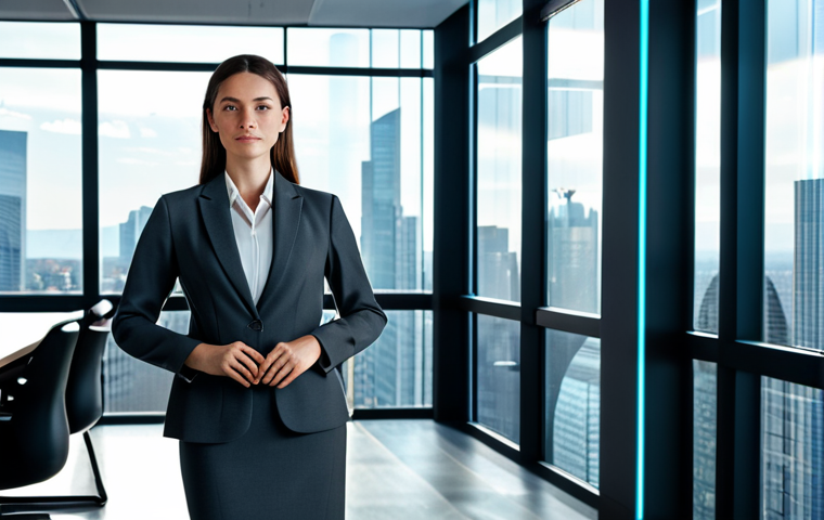 A highly focused female professional, elegantly dressed in a crisp, modest business suit in charcoal gray with a light-colored blouse, fully clothed, appropriate attire, professional dress. She stands in a futuristic, modern office with floor-to-ceiling windows overlooking a city skyline. The desk in front of her features a holographic interface projecting vibrant, complex data visualizations, charts, and flowing information streams. AI neural networks are subtly hinted in the background, glowing softly. She gestures thoughtfully towards the holographic display, her expression conveying deep insight and strategic foresight. Her pose is natural, not rigid. Professional photography, high resolution, soft studio lighting, perfect anatomy, correct proportions, well-formed hands, proper finger count, natural body proportions, safe for work, appropriate content, family-friendly.