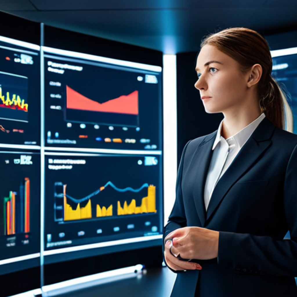 A focused female professional in an elegant business suit, standing in a sleek, modern data visualization lab. Multiple holographic screens display complex, colorful data charts, graphs, and network diagrams. Abstract glowing lines symbolize AI processing in the background. The atmosphere is innovative and high-tech. Professional photography, high resolution, soft studio lighting, deep depth of field, fully clothed, appropriate attire, professional dress, safe for work, appropriate content, perfect anatomy, correct proportions, natural pose, well-formed hands, proper finger count, natural body proportions.
