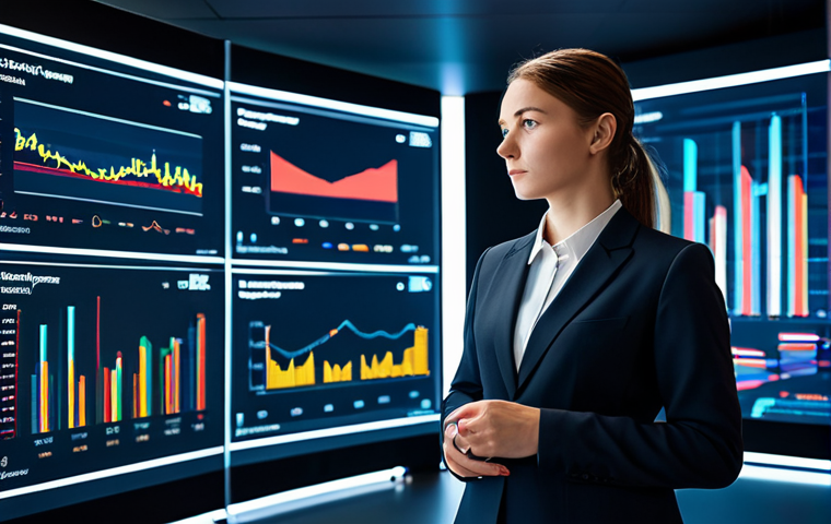 A focused female professional in an elegant business suit, standing in a sleek, modern data visualization lab. Multiple holographic screens display complex, colorful data charts, graphs, and network diagrams. Abstract glowing lines symbolize AI processing in the background. The atmosphere is innovative and high-tech. Professional photography, high resolution, soft studio lighting, deep depth of field, fully clothed, appropriate attire, professional dress, safe for work, appropriate content, perfect anatomy, correct proportions, natural pose, well-formed hands, proper finger count, natural body proportions.