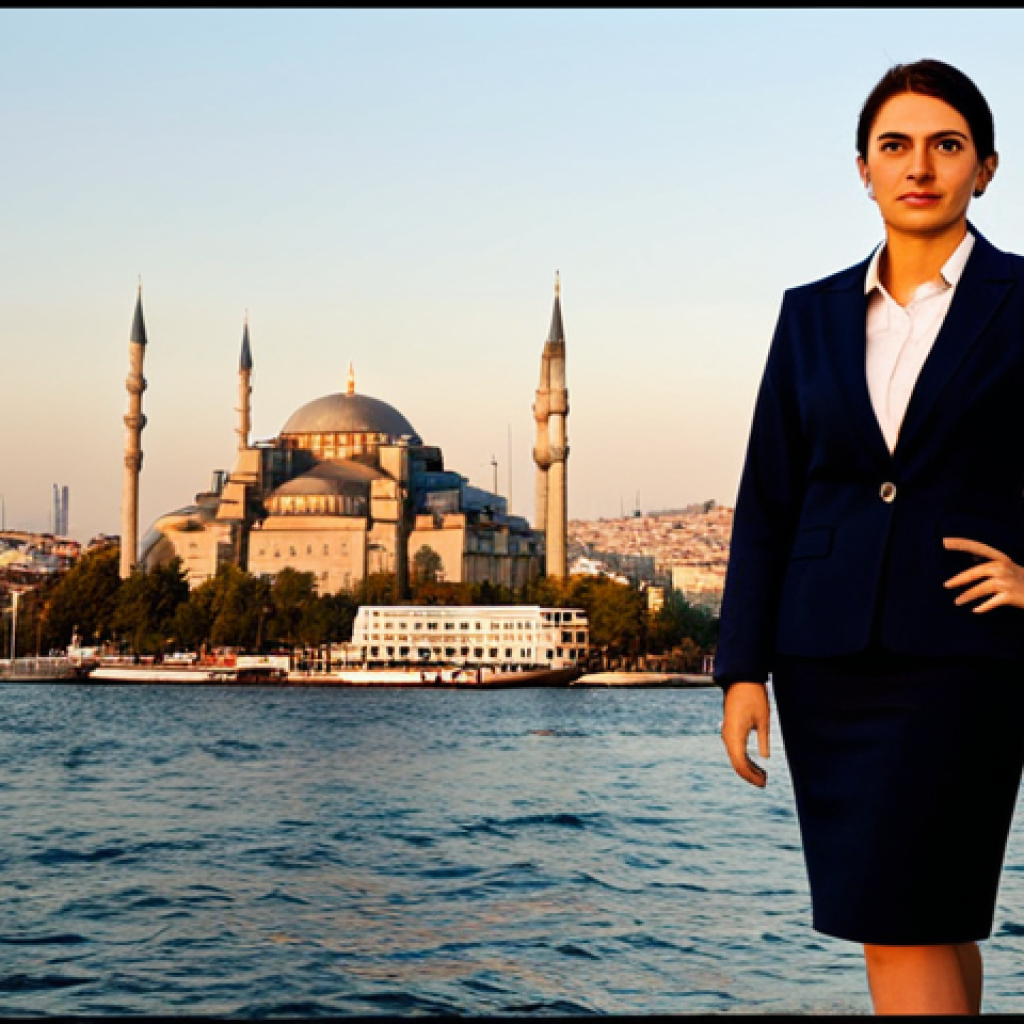 **

A professional businesswoman in a modest business suit (skirt and jacket), standing confidently in front of the Istanbul skyline at sunrise. Fully clothed, appropriate attire, safe for work, perfect anatomy, natural proportions, professional photography, high quality, warm color palette.

**