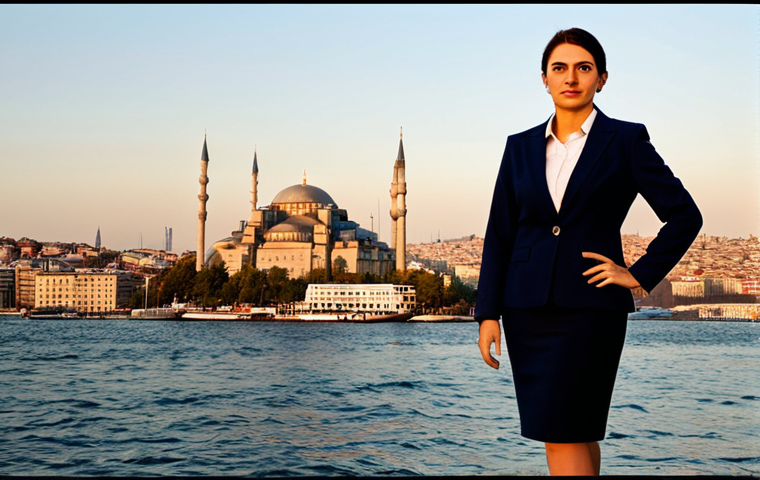 **
A professional businesswoman in a modest business suit (skirt and jacket), standing confidently in front of the Istanbul skyline at sunrise. Fully clothed, appropriate attire, safe for work, perfect anatomy, natural proportions, professional photography, high quality, warm color palette.
**