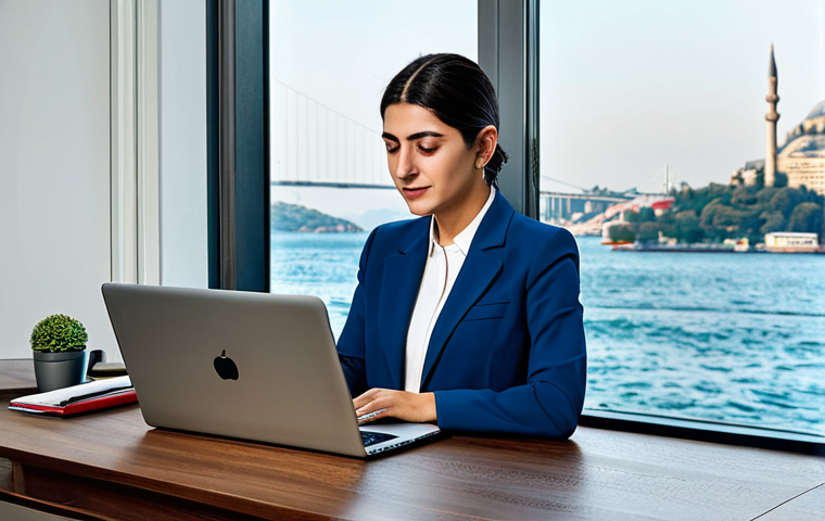 **
"A professional Turkish woman wearing a modest business casual outfit - think a tailored blazer and trousers - working on a laptop in a modern, bright Istanbul office with a view of the Bosphorus. Fully clothed, appropriate attire, safe for work, perfect anatomy, natural proportions, professional photography, high quality, family-friendly."
**