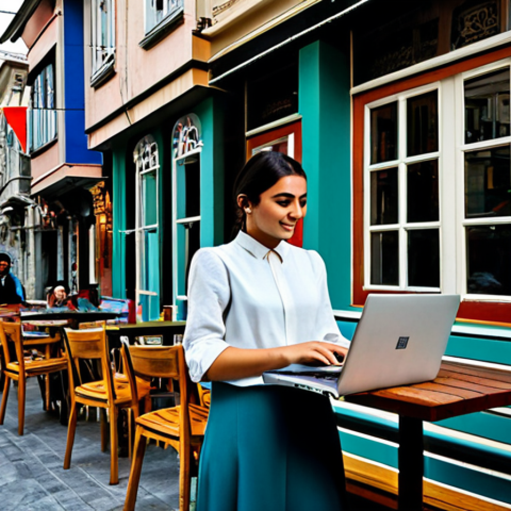 Modern Istanbul Cafe**
"A young professional woman, fully clothed in a stylish but modest outfit (e.g., a midi dress or trousers and a blouse), working on a laptop at an outdoor cafe in Istanbul. Background includes colorful buildings, people walking by, and Turkish flags. Safe for work, appropriate content, perfect anatomy, natural pose, professional photograph, high quality, realistic lighting."
**