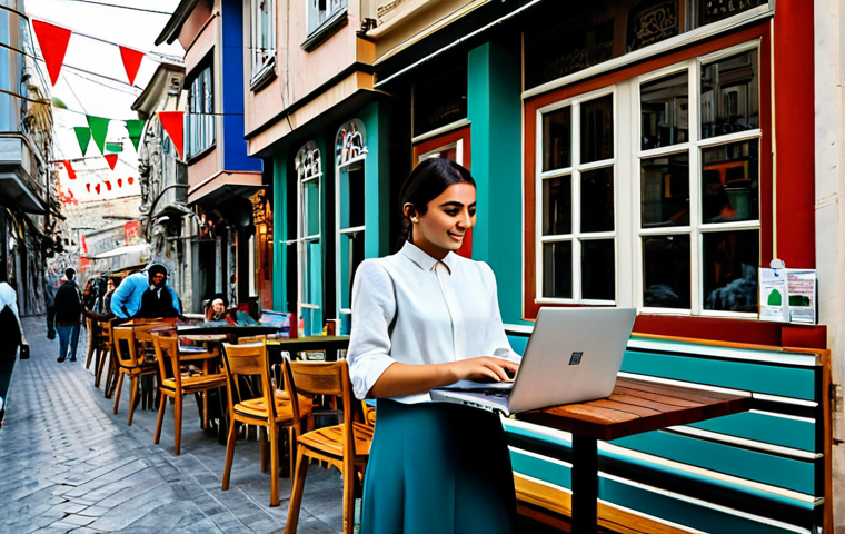Modern Istanbul Cafe**
"A young professional woman, fully clothed in a stylish but modest outfit (e.g., a midi dress or trousers and a blouse), working on a laptop at an outdoor cafe in Istanbul. Background includes colorful buildings, people walking by, and Turkish flags. Safe for work, appropriate content, perfect anatomy, natural pose, professional photograph, high quality, realistic lighting."
**