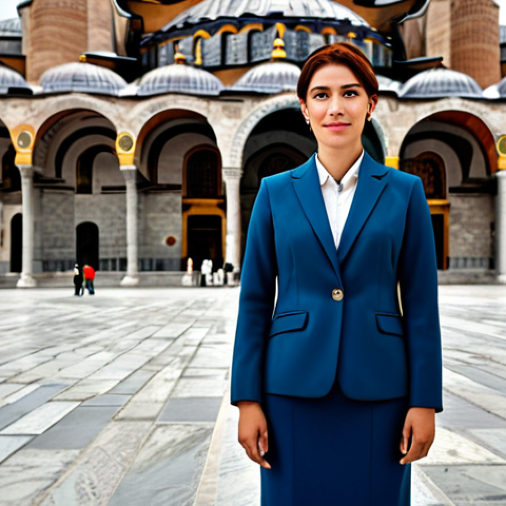 **

A professional woman in a tailored, modest business suit, standing confidently in front of the Hagia Sophia in Istanbul, Turkey. Fully clothed, appropriate attire, safe for work, perfect anatomy, natural proportions, professional photography, high quality, family-friendly.

**