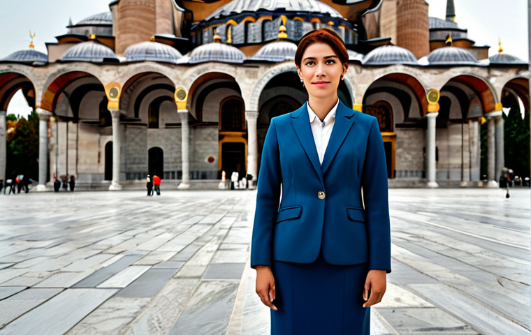 **
A professional woman in a tailored, modest business suit, standing confidently in front of the Hagia Sophia in Istanbul, Turkey. Fully clothed, appropriate attire, safe for work, perfect anatomy, natural proportions, professional photography, high quality, family-friendly.
**
