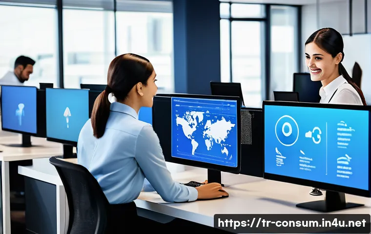 소비자 불만 처리 서비스 개선 방법 - A modern Turkish customer service center with diverse employees wearing business casual attire, inte...