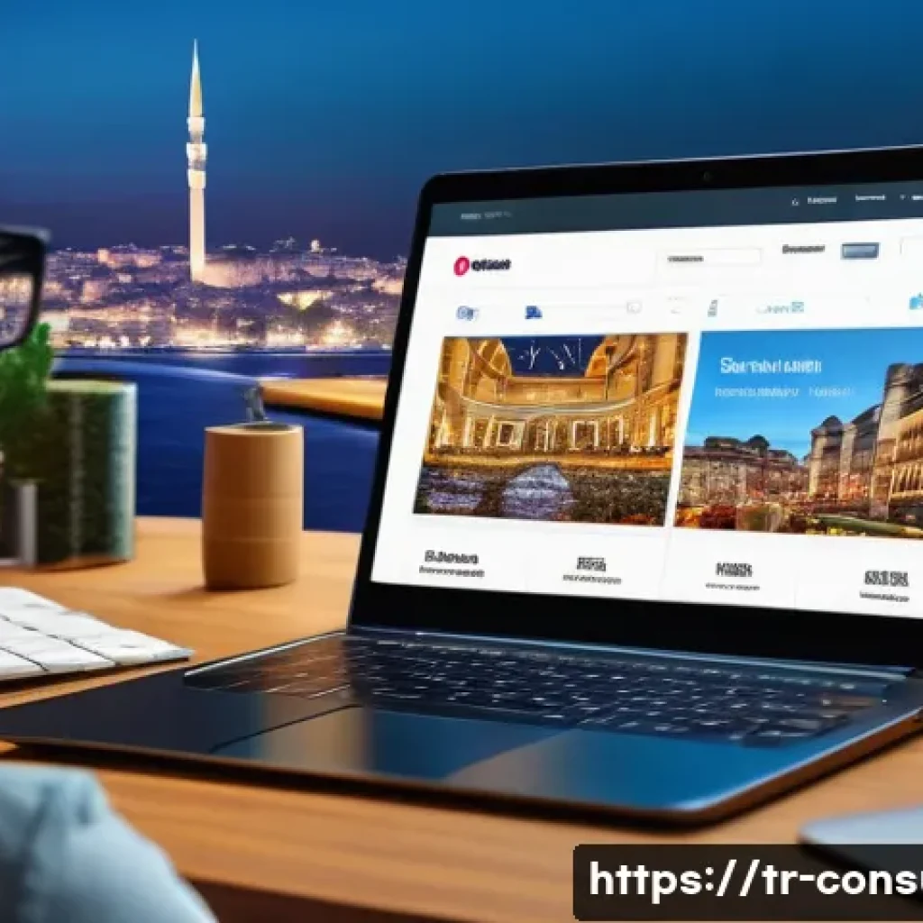 소비자 보호와 관련된 주요 연구 논문과 사례 연구와 분석 - A modern Turkish online shopping scene showing a diverse group of consumers browsing a sleek e-comme...