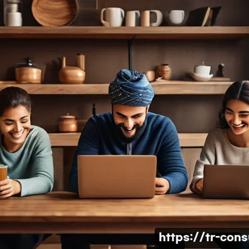 소비자 보호법 관련 최신 동향 분석 - A modern Turkish online shopping scene depicting a diverse group of consumers happily using laptops ...