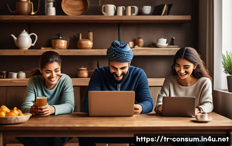 소비자 보호법 관련 최신 동향 분석 - A modern Turkish online shopping scene depicting a diverse group of consumers happily using laptops ...