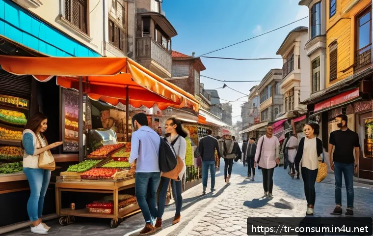 소비자 행동 연구와 실무 활용 방안 - A vibrant urban street scene in Istanbul featuring diverse consumers engaging with digital and physi...