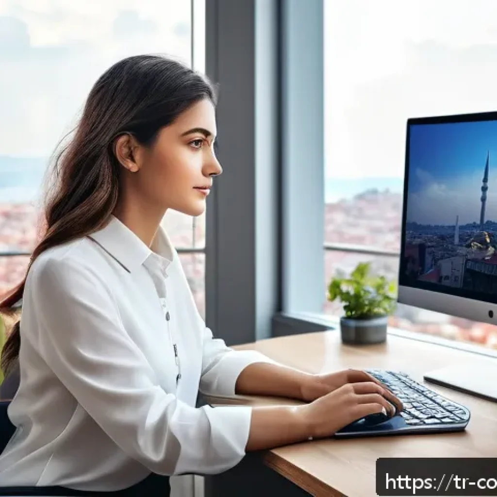 소비자전문기술사 합격자 인터뷰 - A modern home office setup showcasing a young Turkish professional woman in smart casual attire, int...