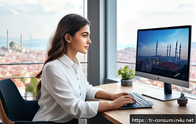 소비자전문기술사 합격자 인터뷰 - A modern home office setup showcasing a young Turkish professional woman in smart casual attire, int...