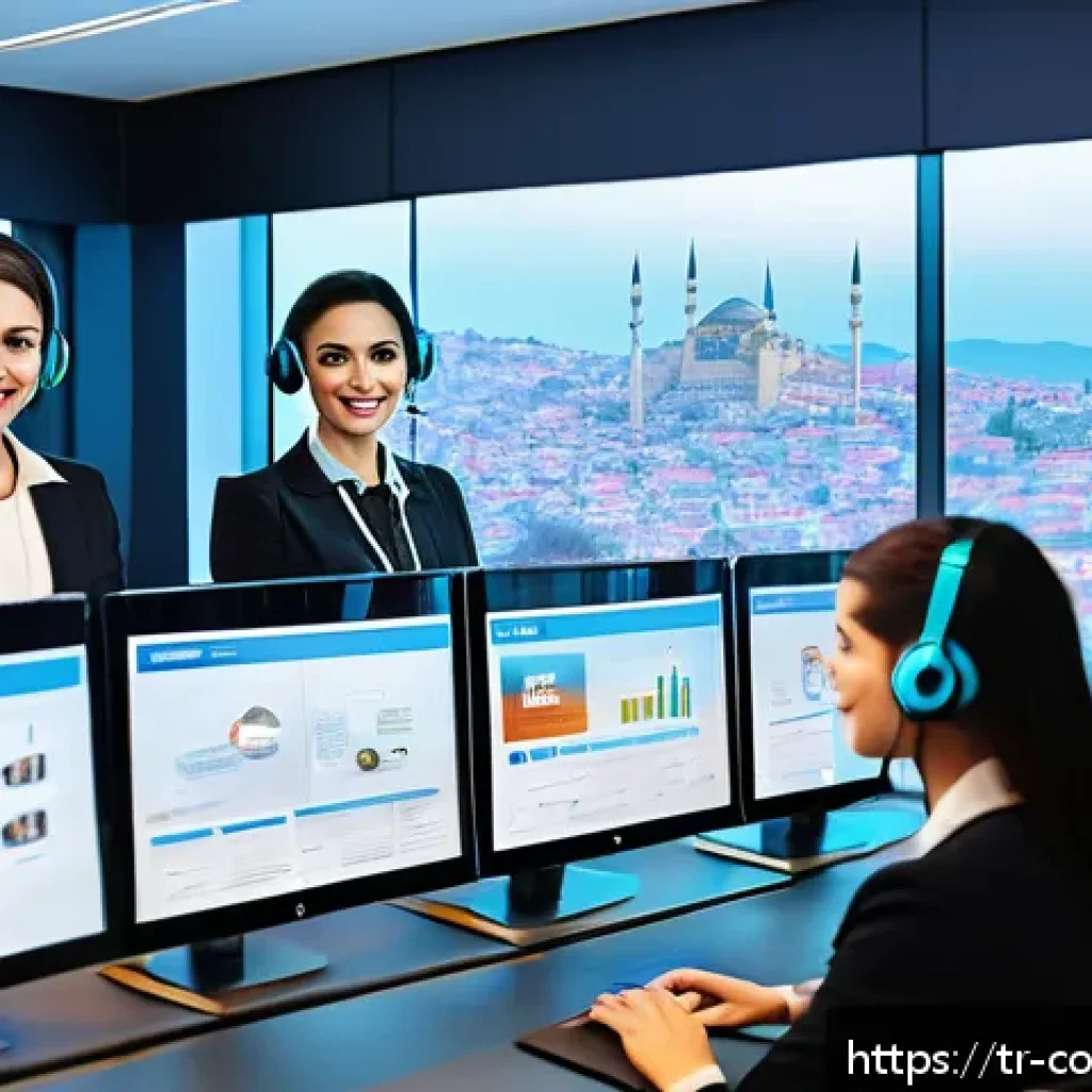소비자 불만 관리 시스템 구축 사례 - A modern Turkish customer service center with diverse agents engaged in multi-channel communication,...