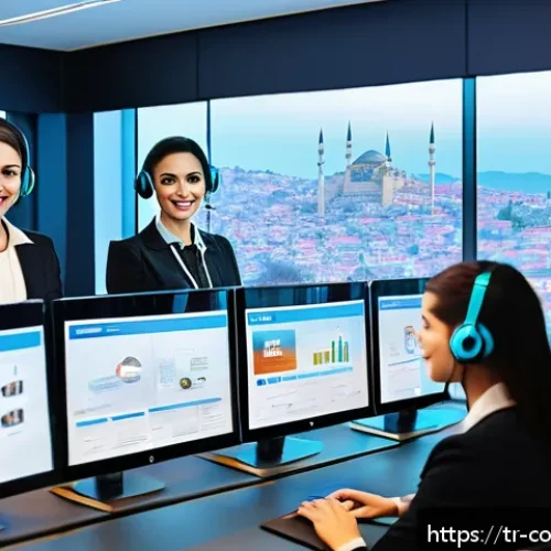 Home 32 소비자 불만 관리 시스템 구축 사례 - A modern Turkish customer service center with diverse agents engaged in multi-channel communication,...