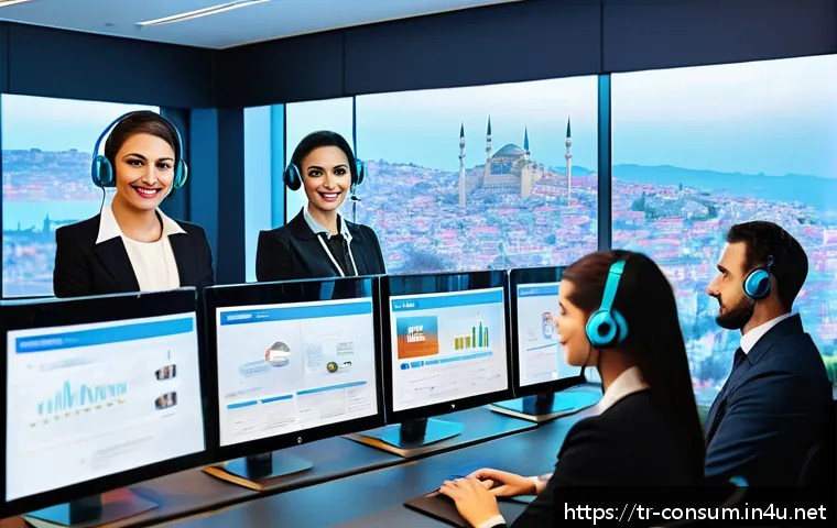 소비자 불만 관리 시스템 구축 사례 - A modern Turkish customer service center with diverse agents engaged in multi-channel communication,...