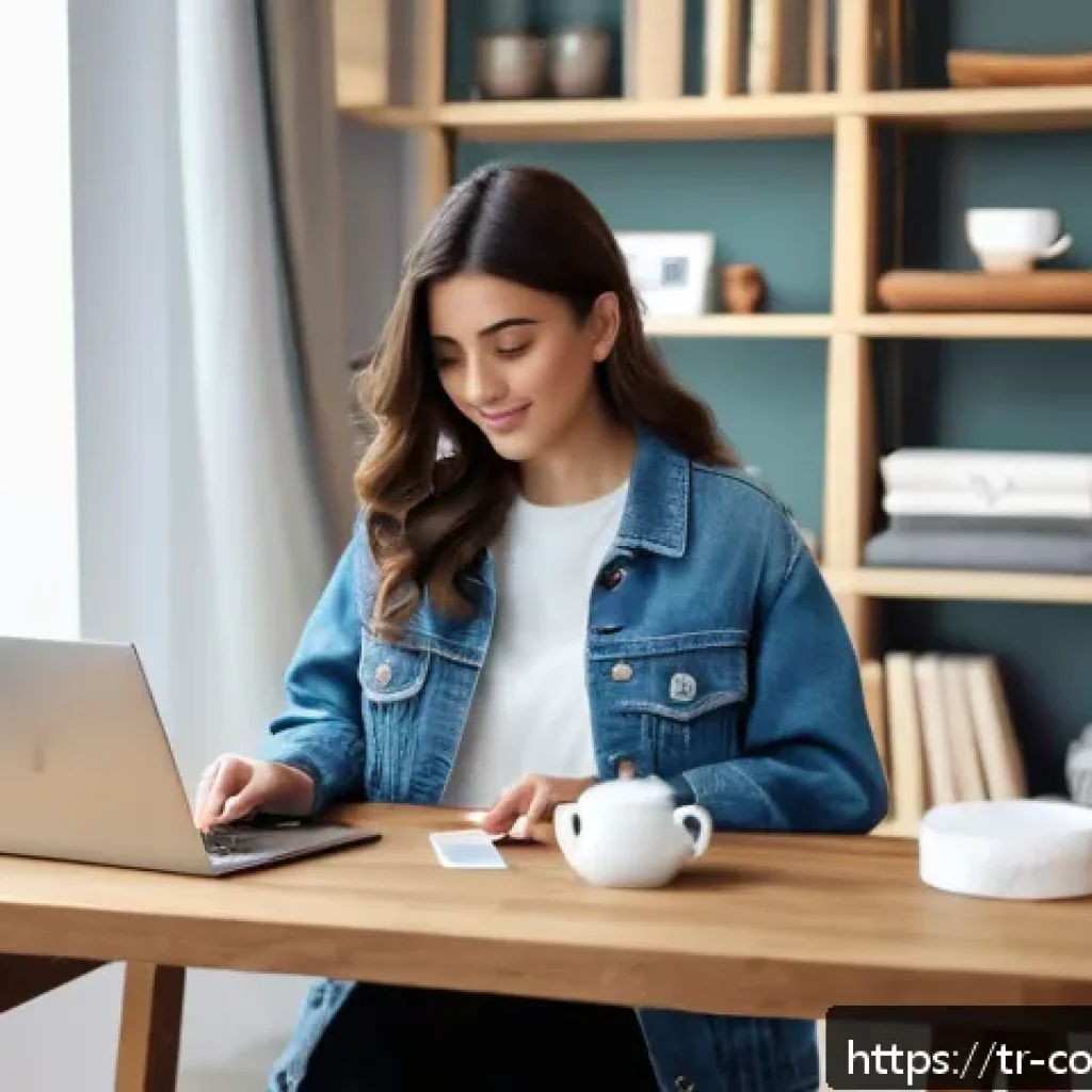 소비자 보호법 사례별 분석과 적용 - A modern Turkish online shopping scene showing a young adult woman in casual attire sitting comforta...