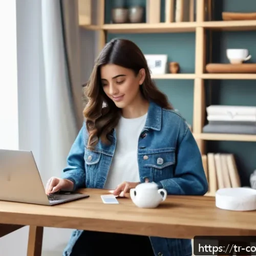 Home 17 소비자 보호법 사례별 분석과 적용 - A modern Turkish online shopping scene showing a young adult woman in casual attire sitting comforta...