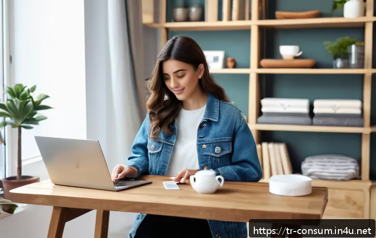 소비자 보호법 사례별 분석과 적용 - A modern Turkish online shopping scene showing a young adult woman in casual attire sitting comforta...